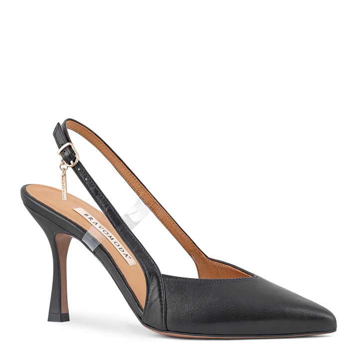 Black pumps made of natural grain leather with an open heel and pointed toes