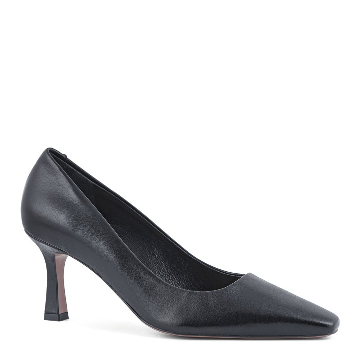 Classic black leather pumps with a square toe stiletto heel