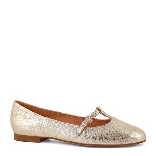 Gold leather ballet flats with an adjustable strap