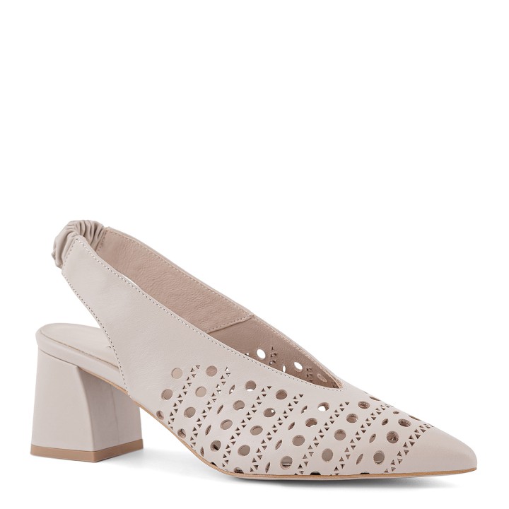 Openwork beige pumps with an open heel and pointed toes