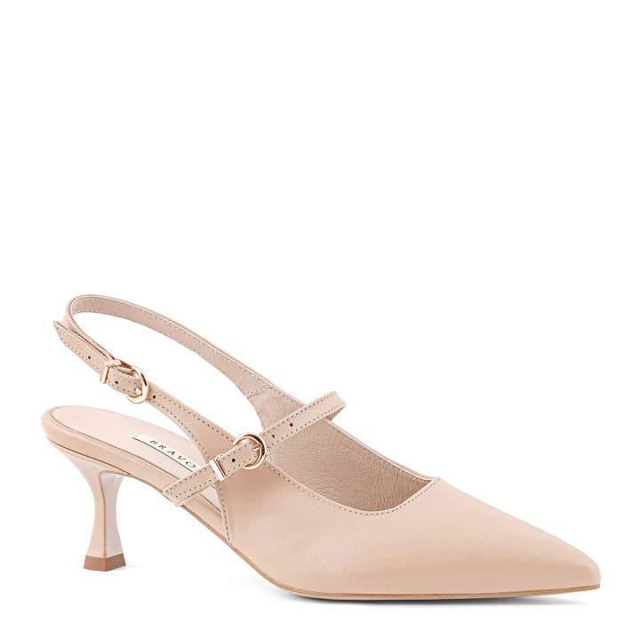 Beige pumps made of natural leather with a pointed toe and an open heel