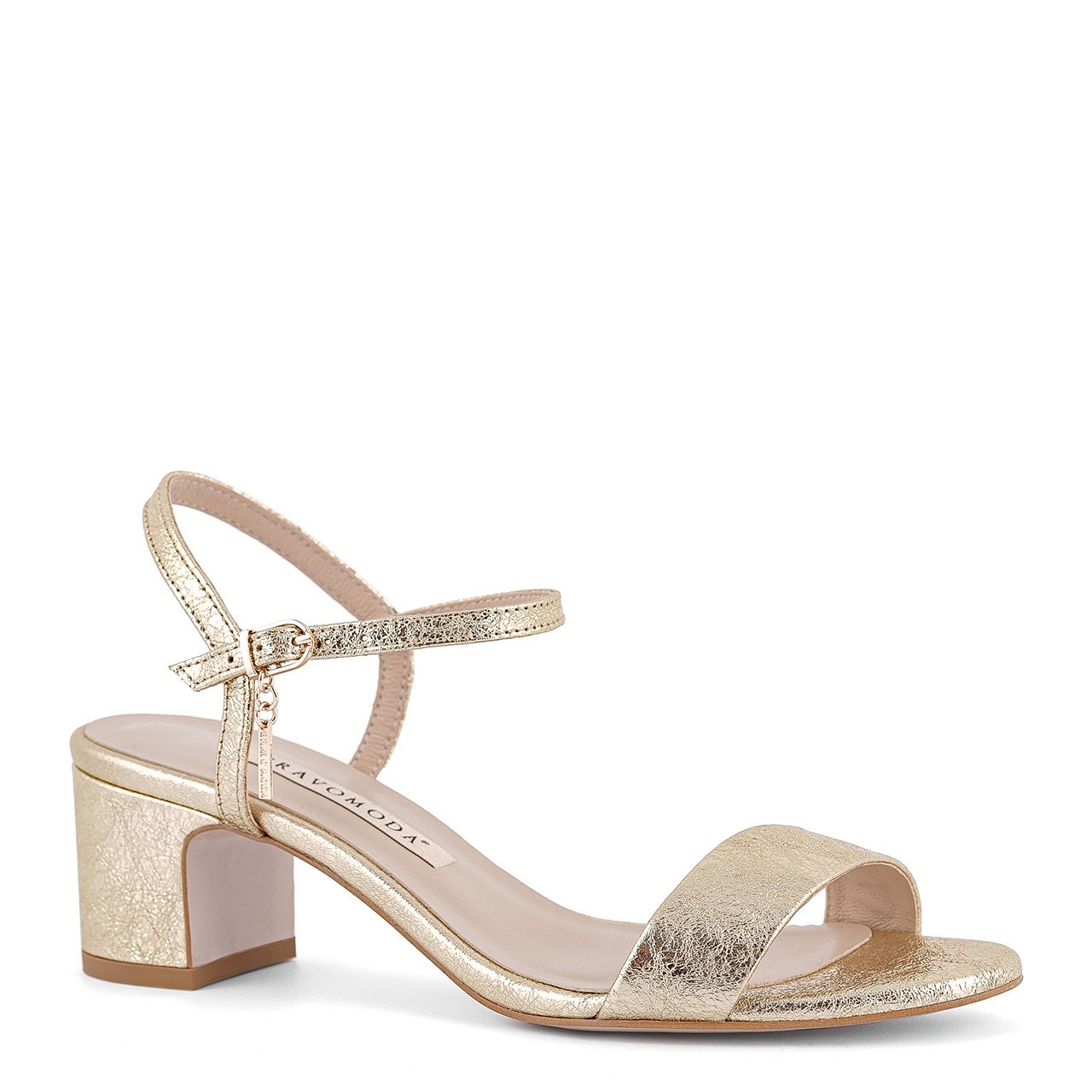 Gold high heel sandals made of natural leather with embossing