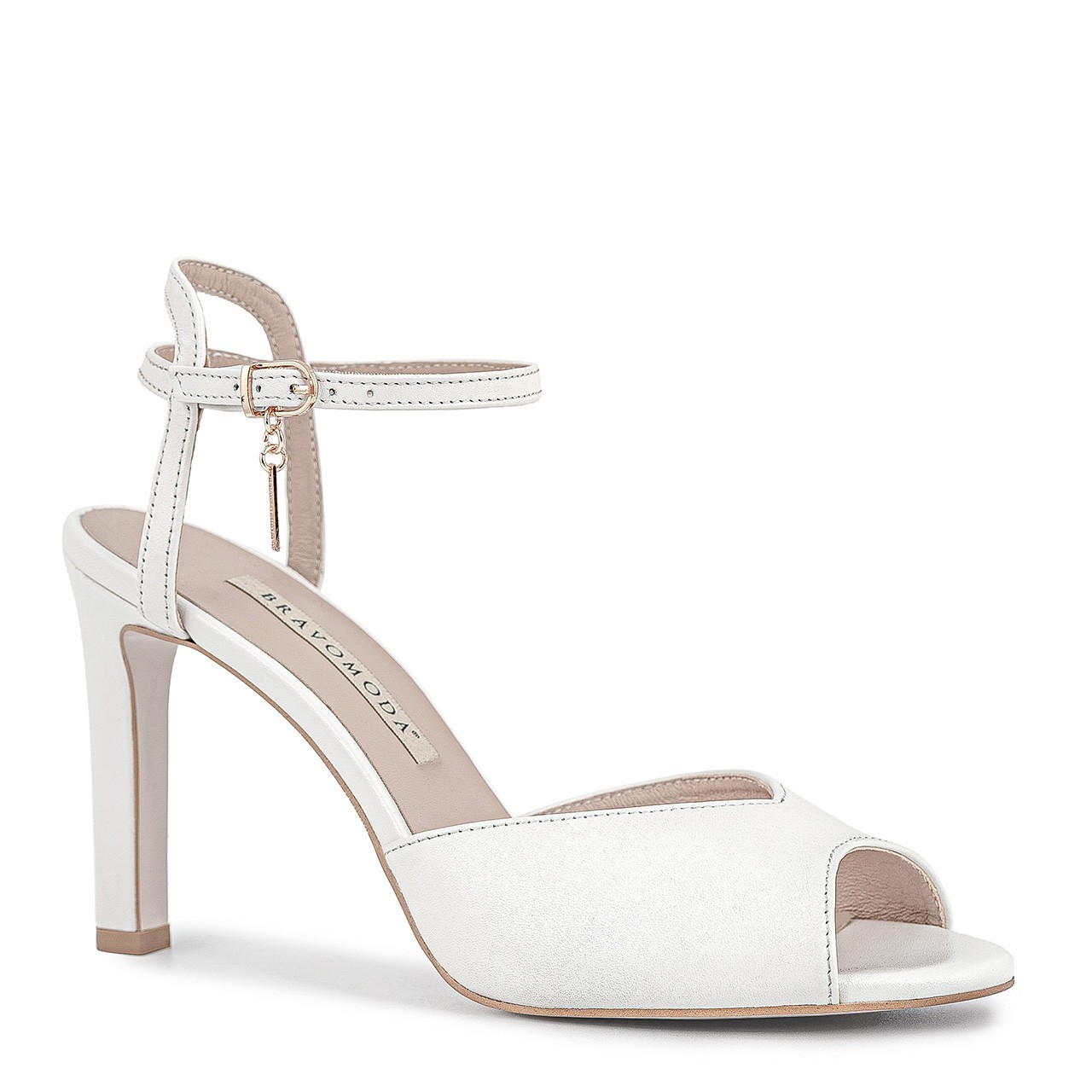Wedding sandals made of natural grain leather with a high heel and an adjustable strap around the ankle