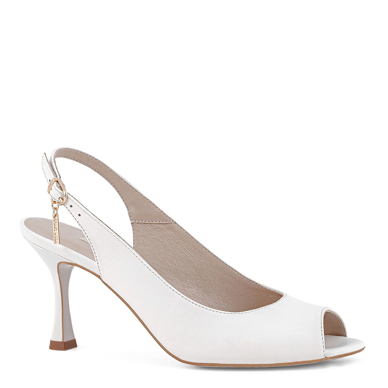 White sandals with a geometric heel made of natural grain leather