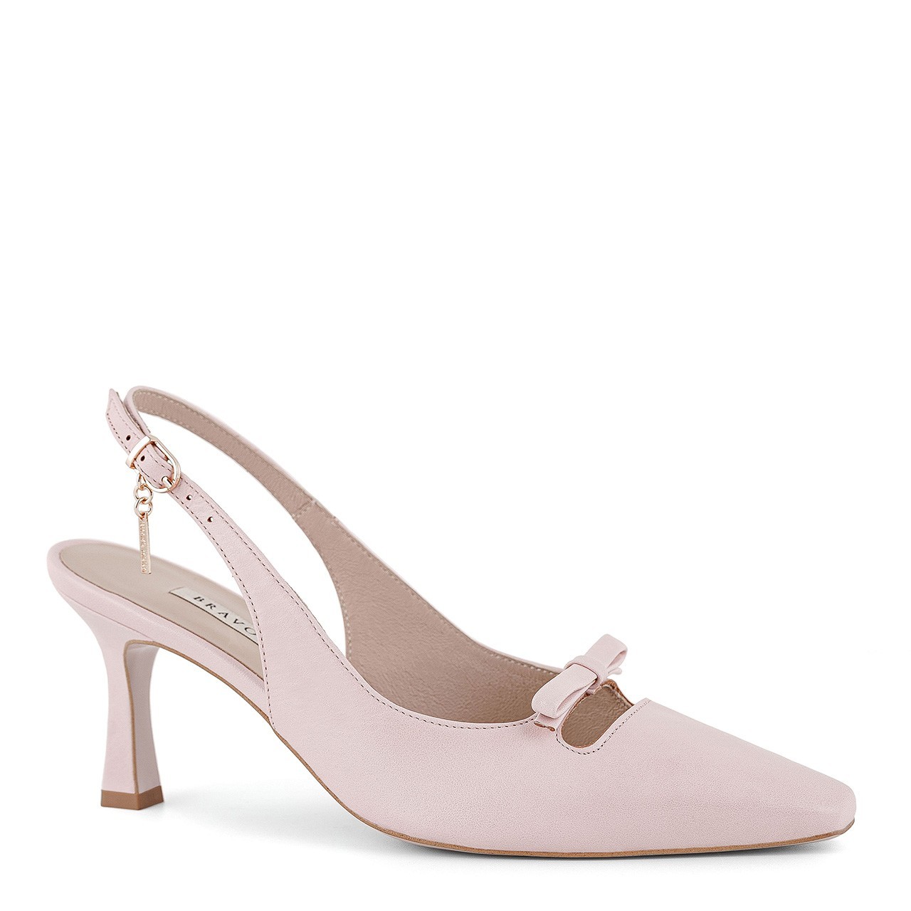 Pink pumps made of natural leather with an open heel and a low stiletto