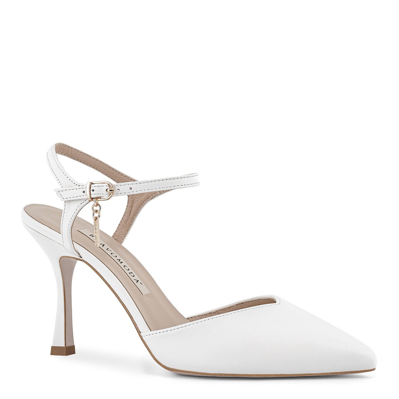 White stiletto pumps made of natural grain leather with an open heel