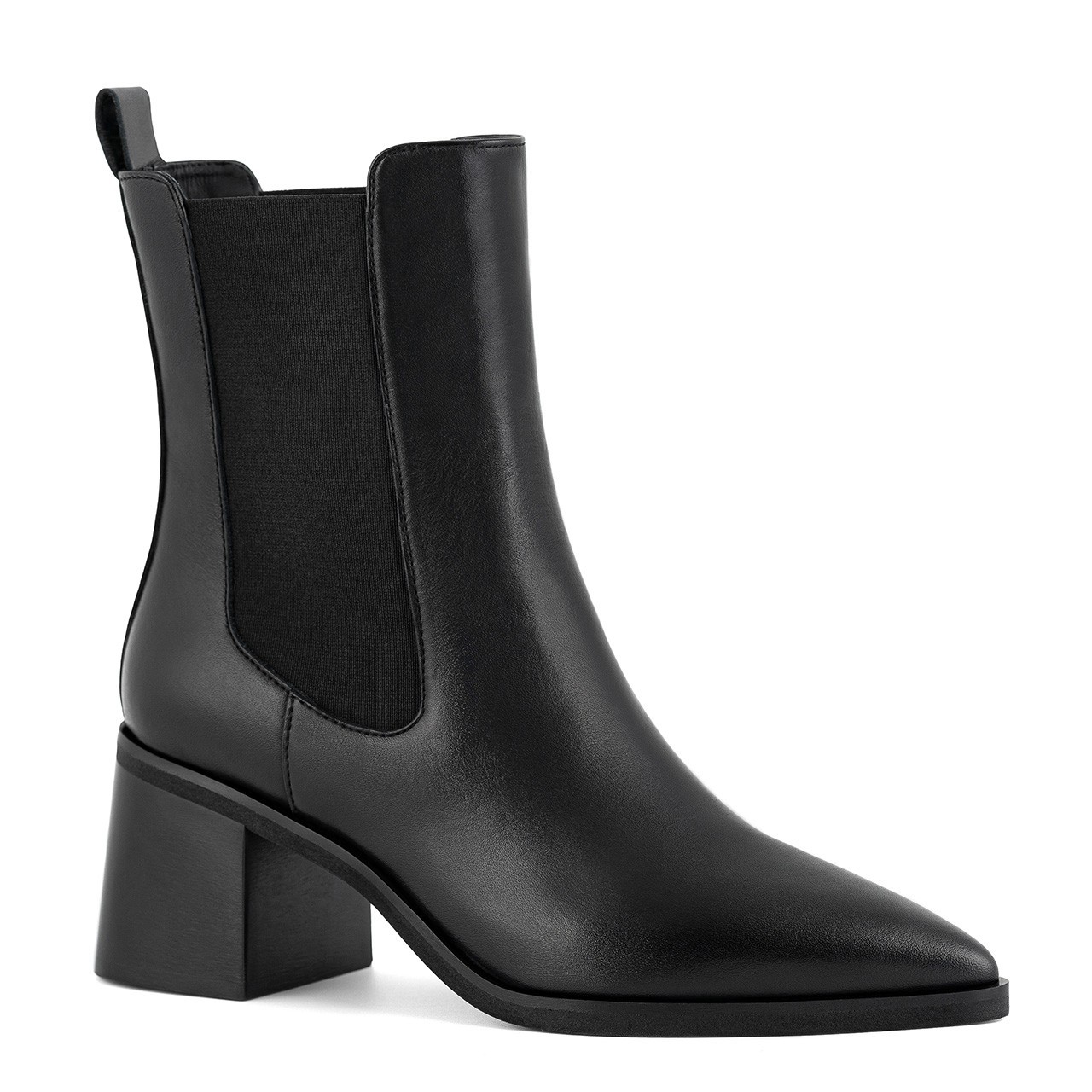 Black pointed-toe ankle boots with a low heel made of natural grain leather
