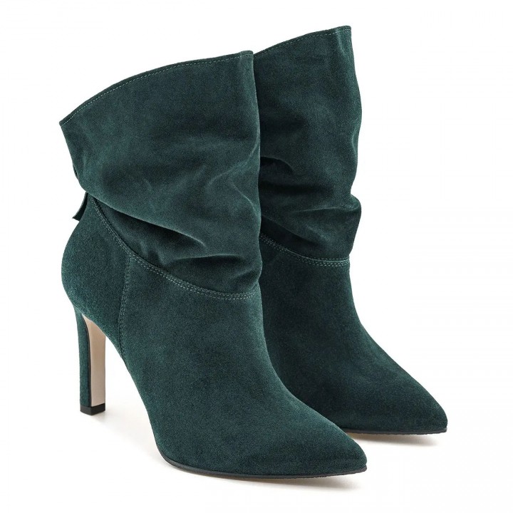 Green velour ankle boots with a high heel