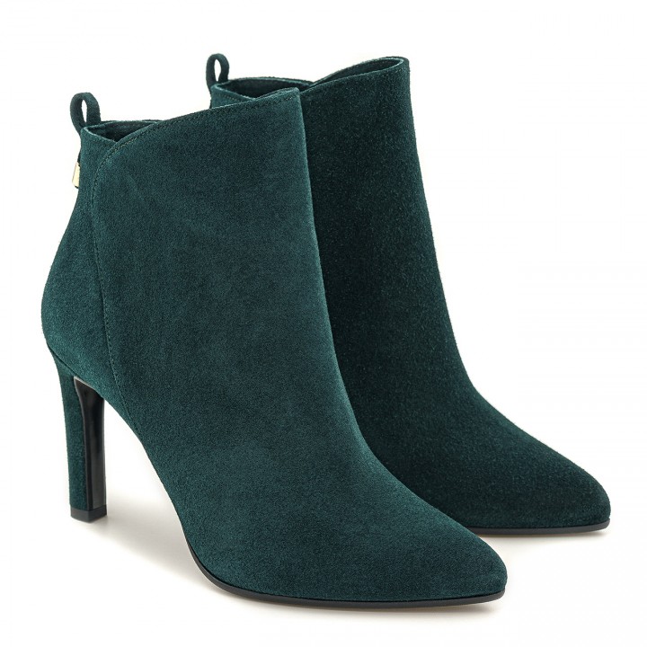 Green ankle boots with a high heel made of natural velour leather