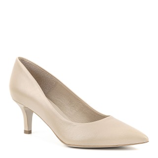 Beige low-heeled pumps made from genuine leather