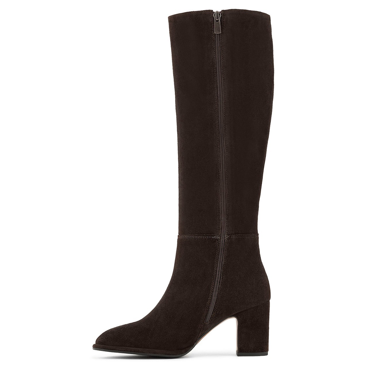 Dark brown block heel boots with rounded toes