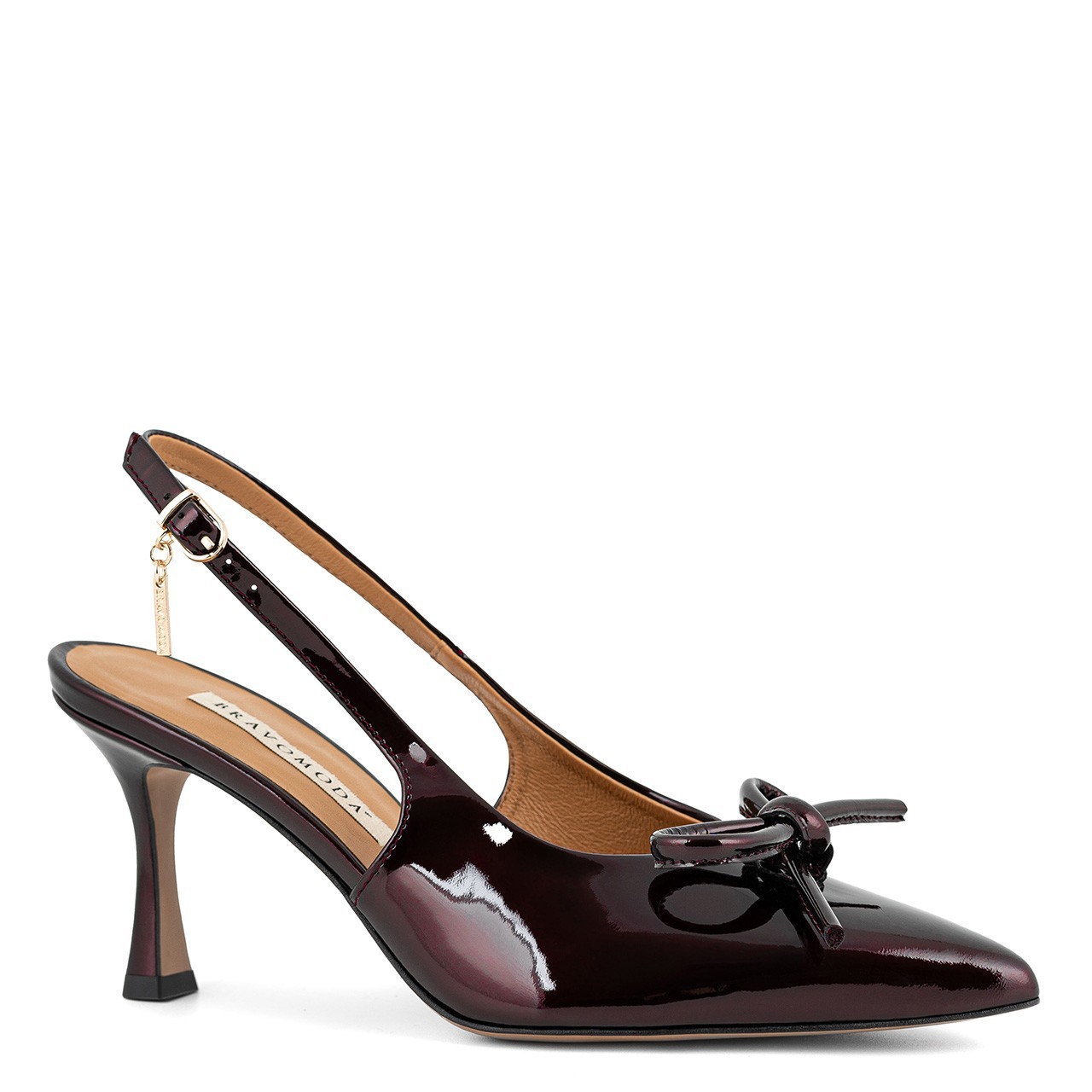 Bordowe czółenka z odkrytą pietą i ozdobną kokardką na przodzie wykonane z naturalnej skóry lakierowanej