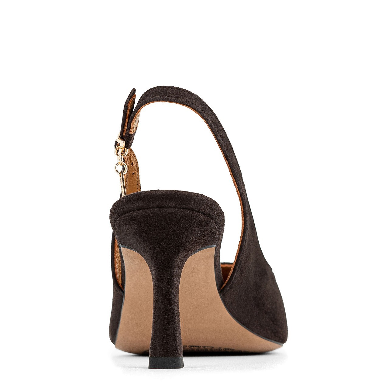 Ciemnobrązowe czółenka na szpilce z odkrytą piętą i regulowanym paseczkiem to obuwie damskie