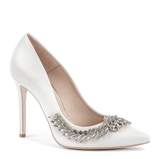 White bridal stiletto shoes with a unique silver embellishment