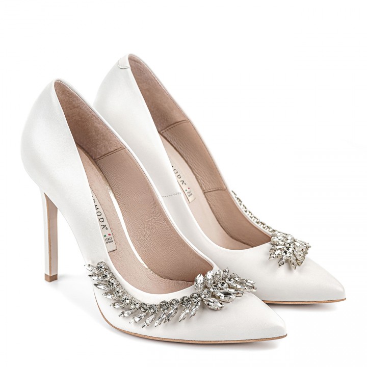 White wedding high heels with an elegant decoration