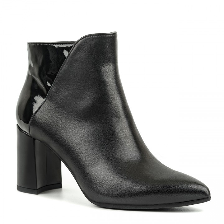 Black high-heeled ankle boots made of natural grain leather with some patent leather