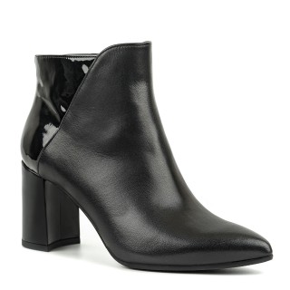 Black ankle boots with a high heel made from natural patent leather